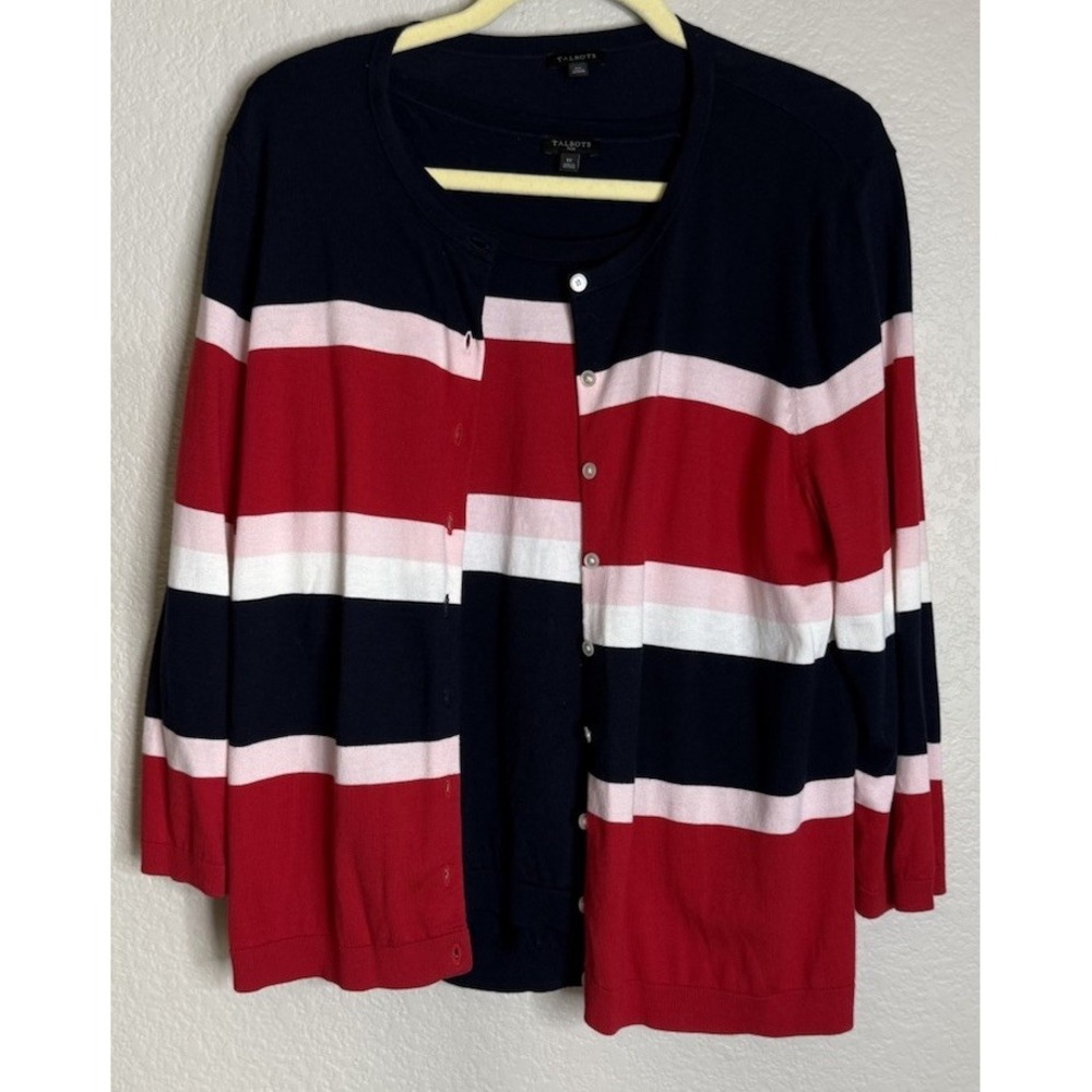Talbots Womens 1X/XL Twin Set Cardigan Shell Navy Red Pink White Striped Sweater